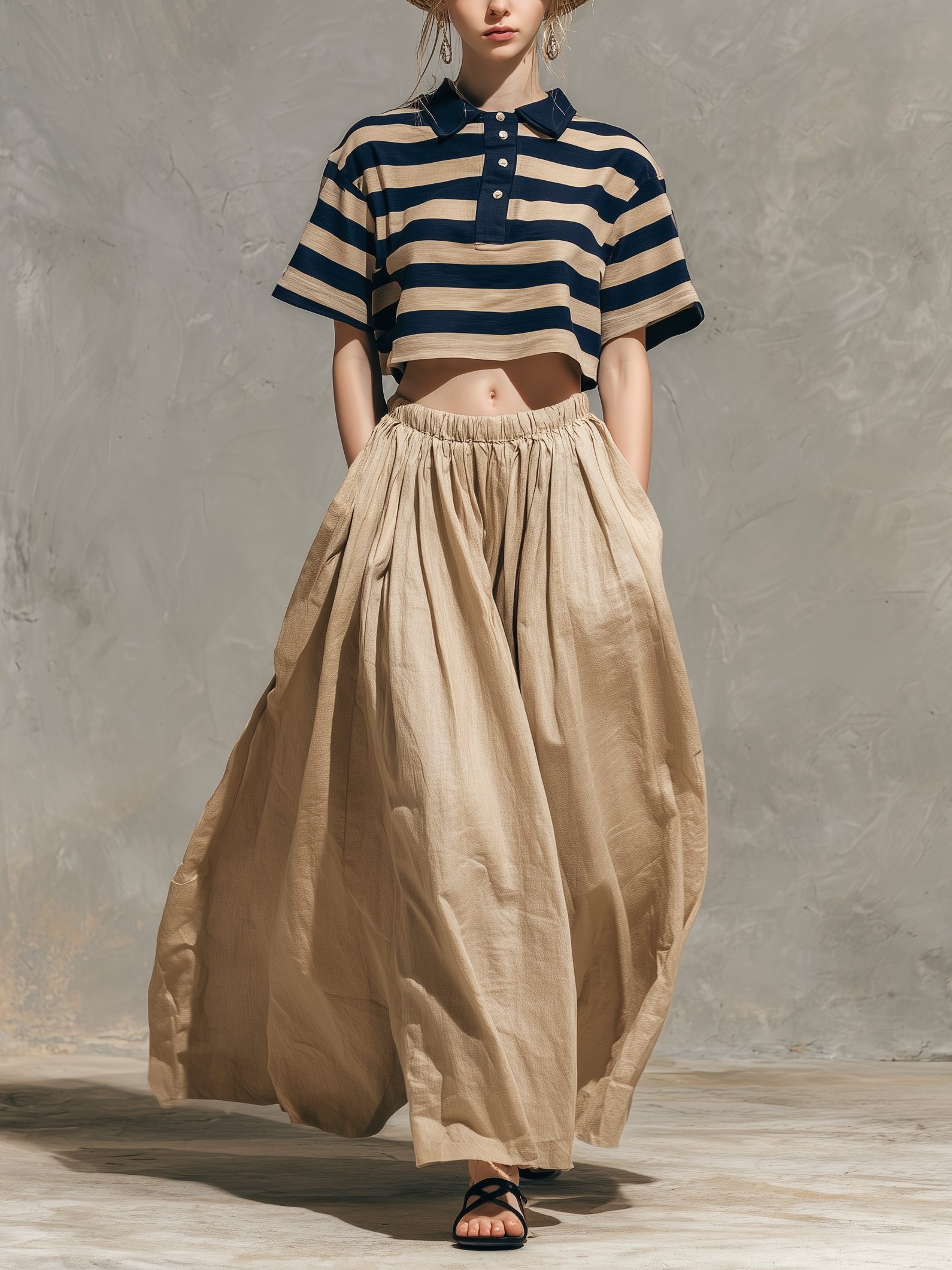 Navy & Khaki Striped Shirt Collar Top & Khaki Skirt Set