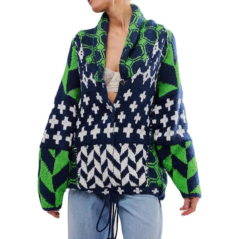 GEORGINA™ – Oversized Print Knit Coat with Button Down Collar