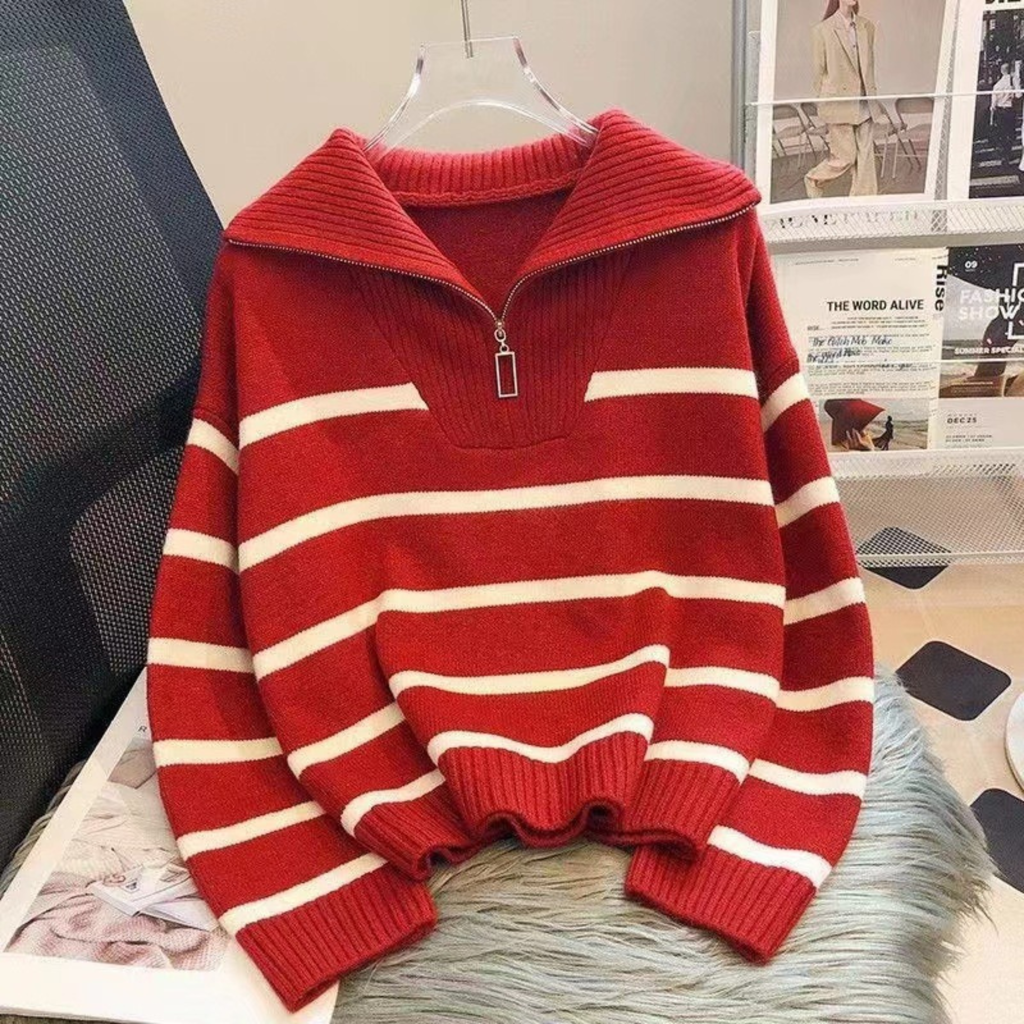 NEVAEH™ - Chic Striped Long Sleeve Collared Top