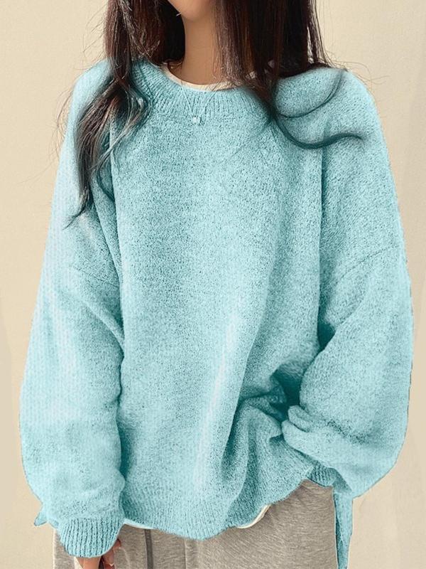 KIARA™ - Women's Drop Shoulder Split Hem Round Neck Sweater