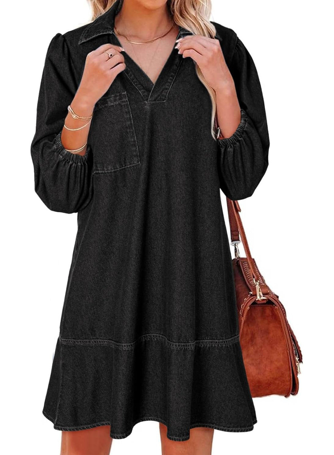 RAICHEL™ – Relaxed Denim V Neck Babydoll Dress