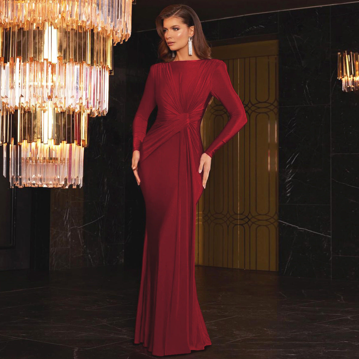 JOSALIE™ - Elegant Ruched Bodycon Dress with Padded Shoulders & Long Sleeve