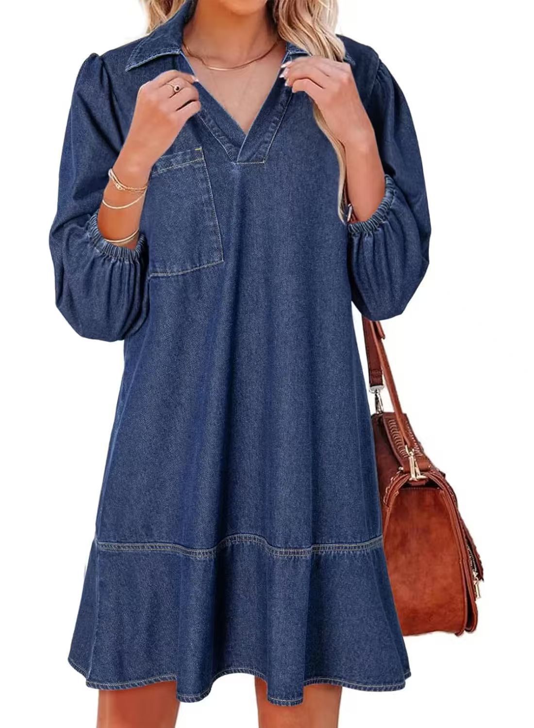 RAICHEL™ – Relaxed Denim V Neck Babydoll Dress