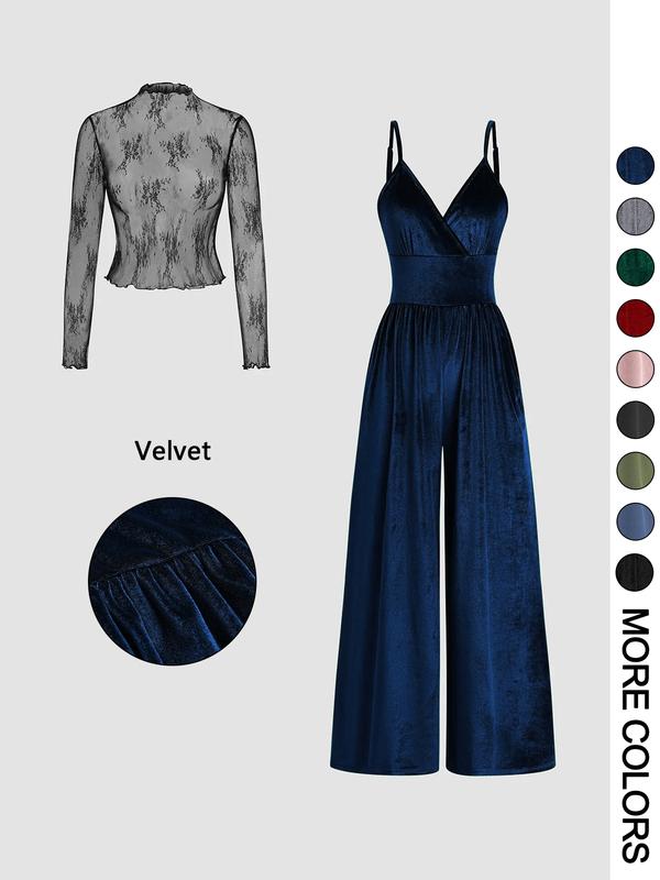 SHAE™ - Women's Solid Color Lace Tee & Pocket Jumpsuit Set