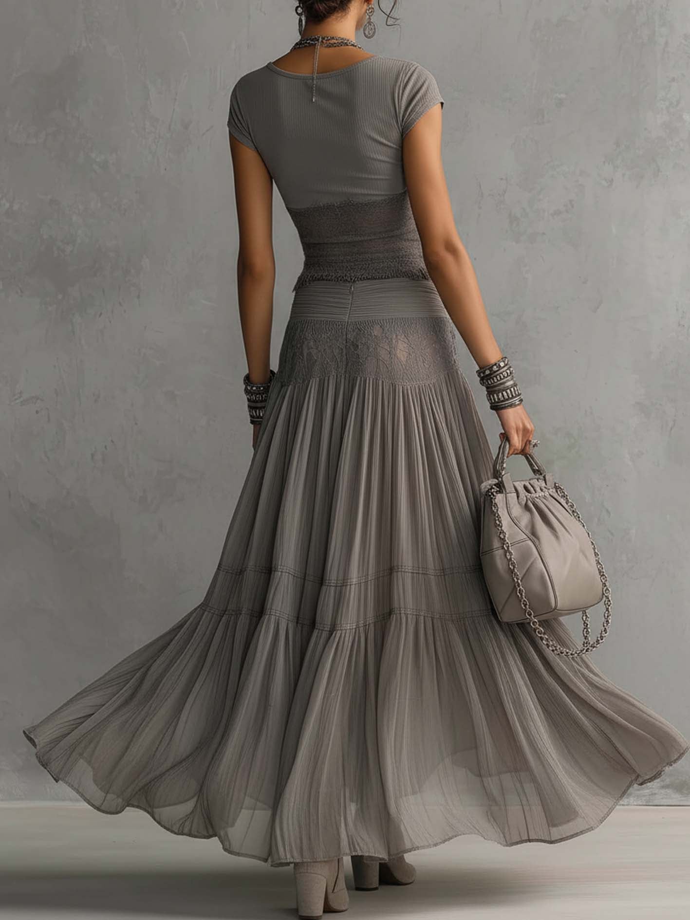 Grey Lace-Paneled Top and Pleated Maxi Skirt Set