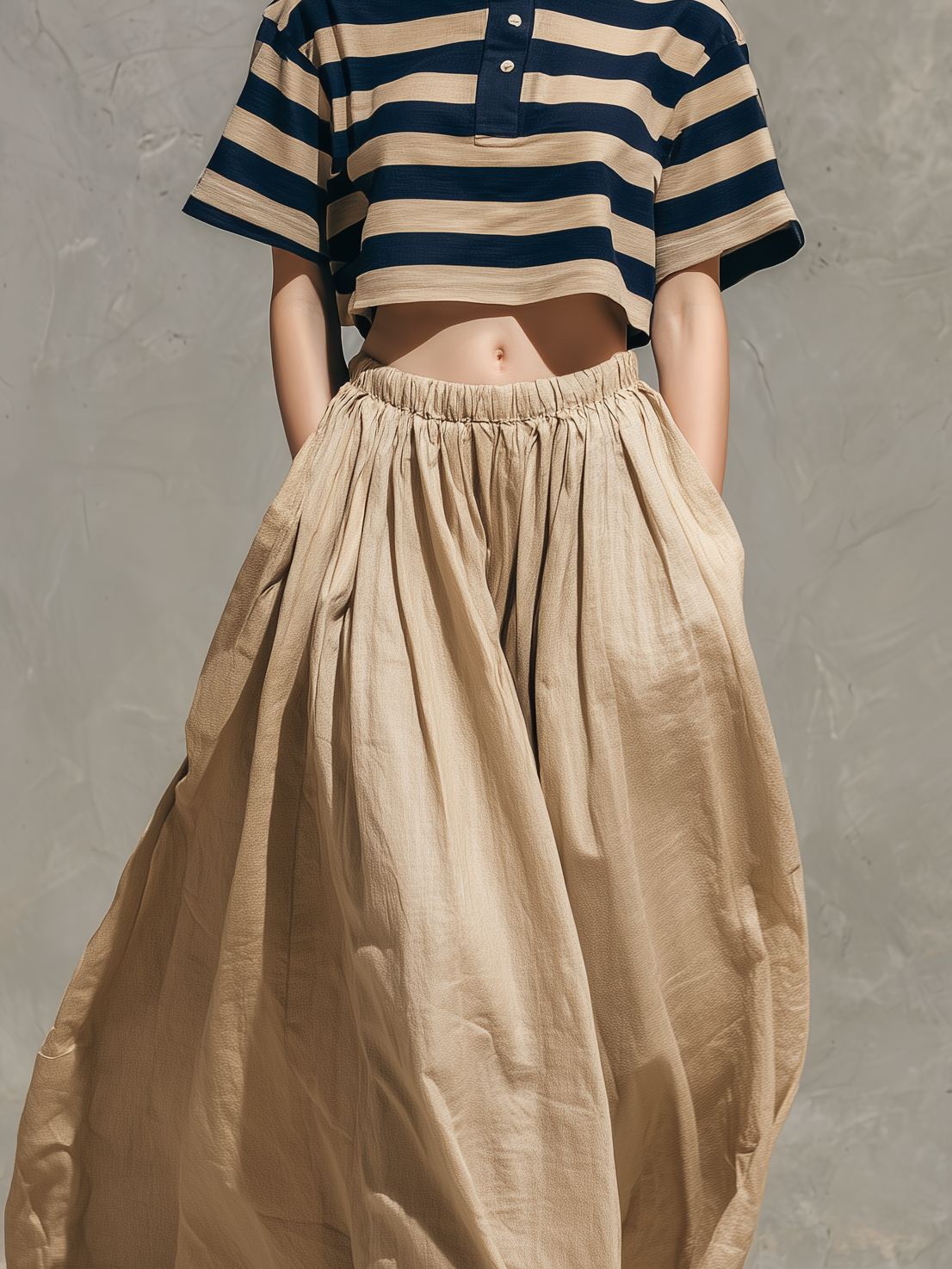 Navy & Khaki Striped Shirt Collar Top & Khaki Skirt Set