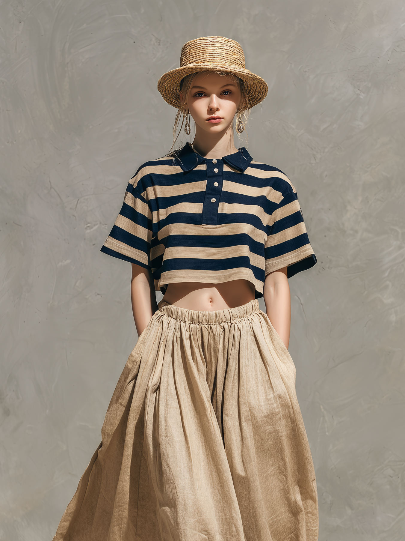 Navy & Khaki Striped Shirt Collar Top & Khaki Skirt Set