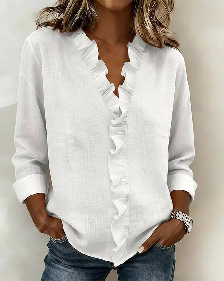 Susan | Ruffle Blouse with V Neck and Long Sleeves