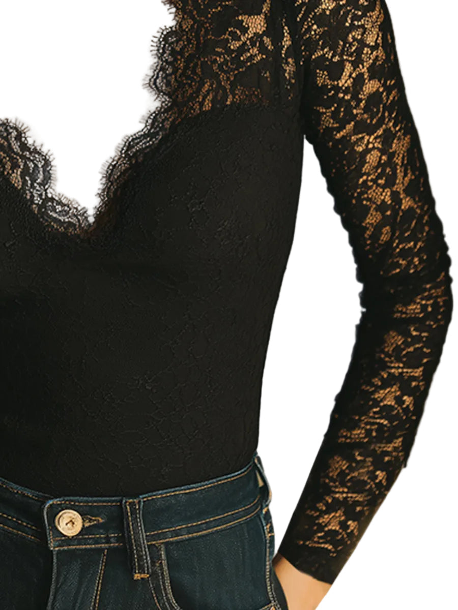 Selma - Stylish And Charming Black Lace V-neck Blouse