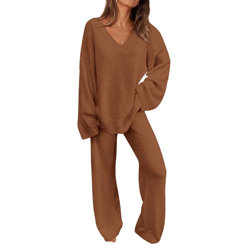 JACE™ - Women's 2-Piece Lounge Set with V-Neck Top & Wide Leg Pants
