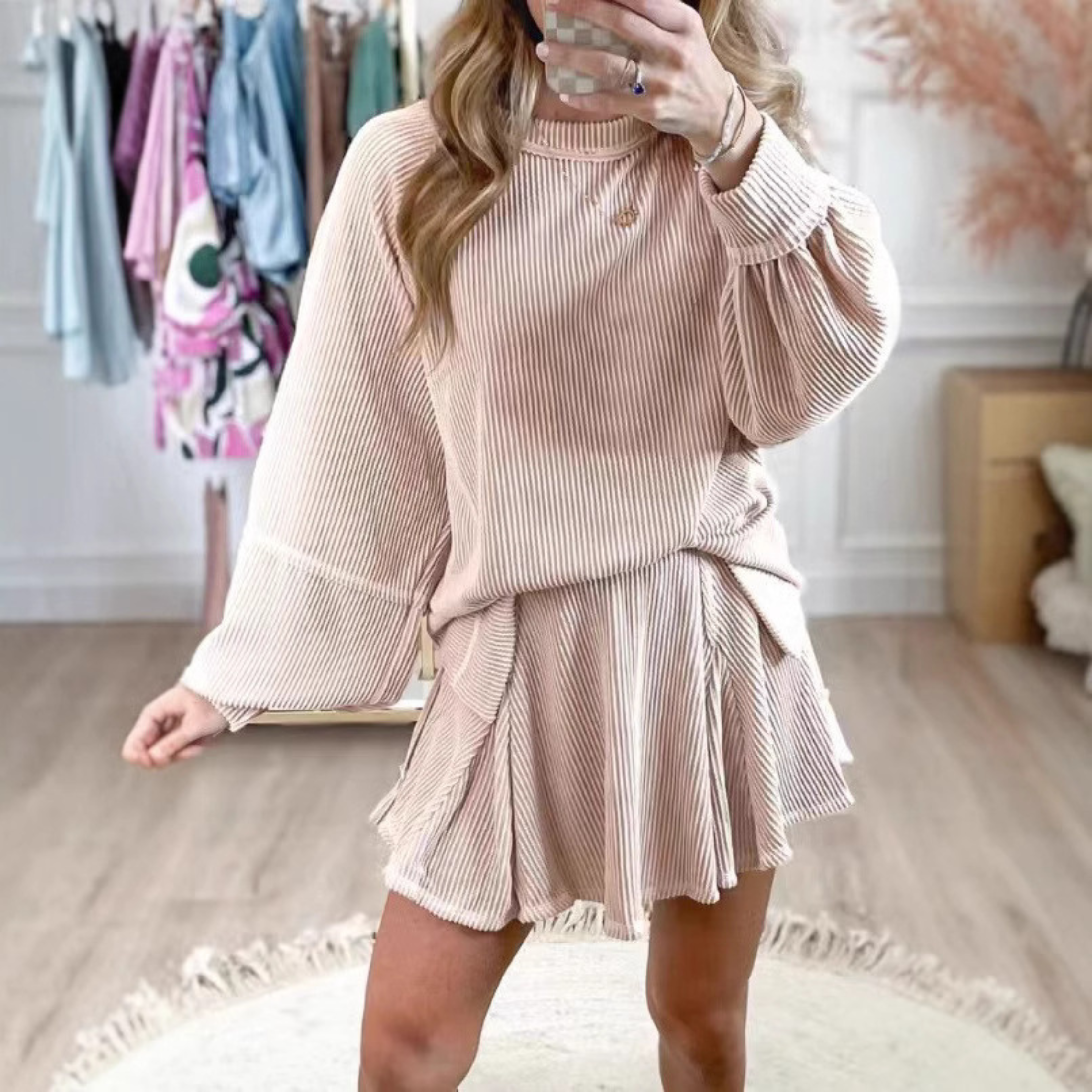 LUISA™ - Chic Long Sleeve Top and High Waist Mini Skirt Set