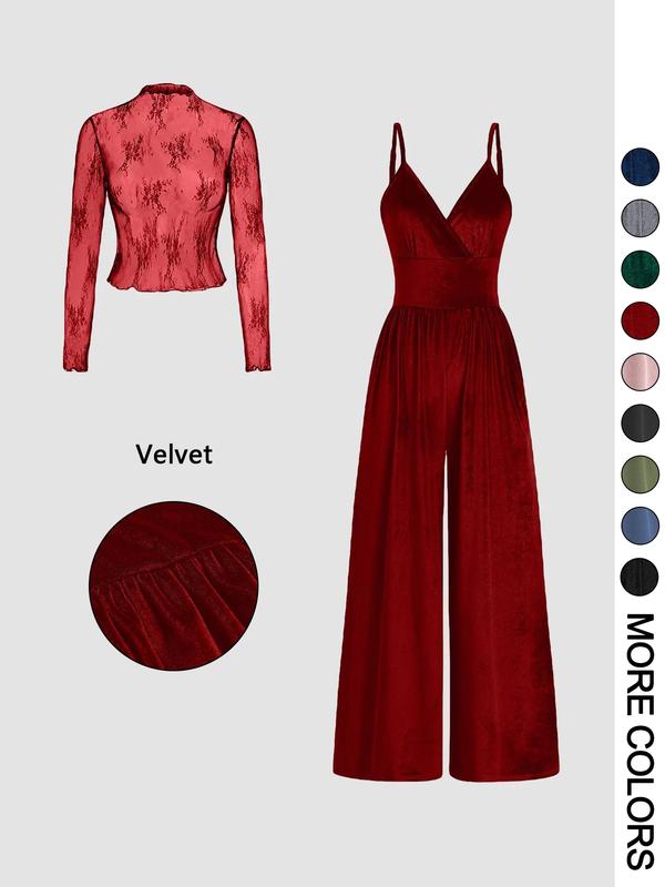 SHAE™ - Women's Solid Color Lace Tee & Pocket Jumpsuit Set