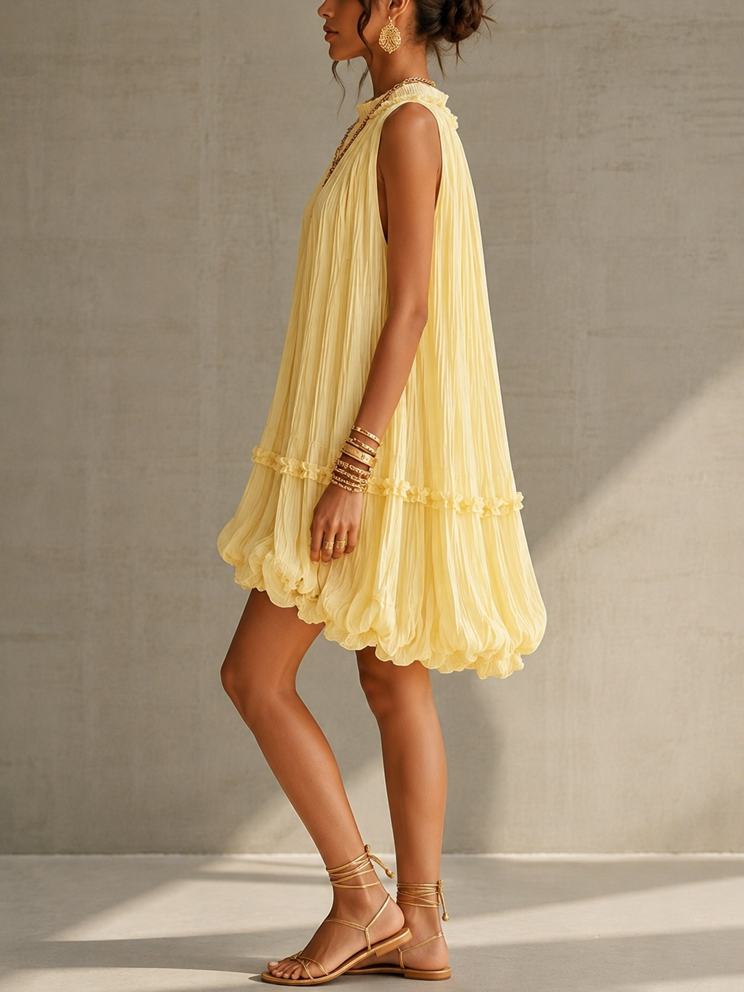 Yellow Halter Neck Ruffled Chiffon Bubble Mini Dress