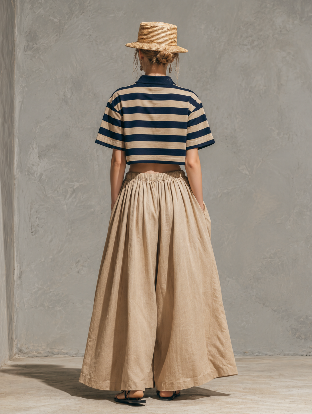 Navy & Khaki Striped Shirt Collar Top & Khaki Skirt Set