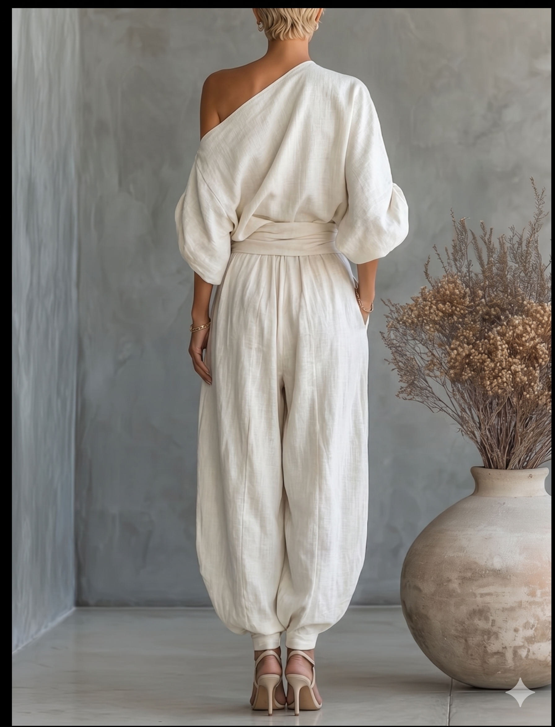 Off-white Linen Off-shoulder Loose Casual Top And Tapered Pants Set