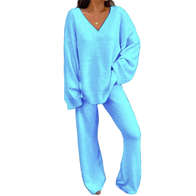 JACE™ - Women's 2-Piece Lounge Set with V-Neck Top & Wide Leg Pants