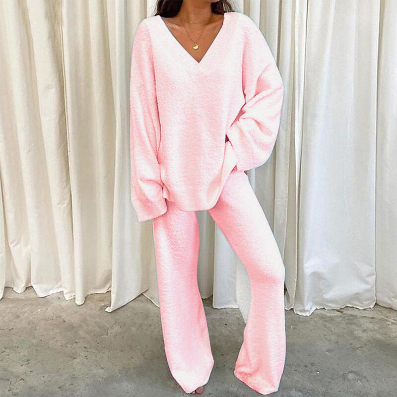 MULANA™ - Chic V-Neck Top and Wide Leg Pants Set