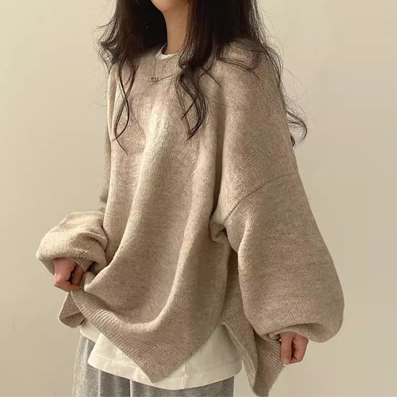 KIARA™ - Women's Drop Shoulder Split Hem Round Neck Sweater