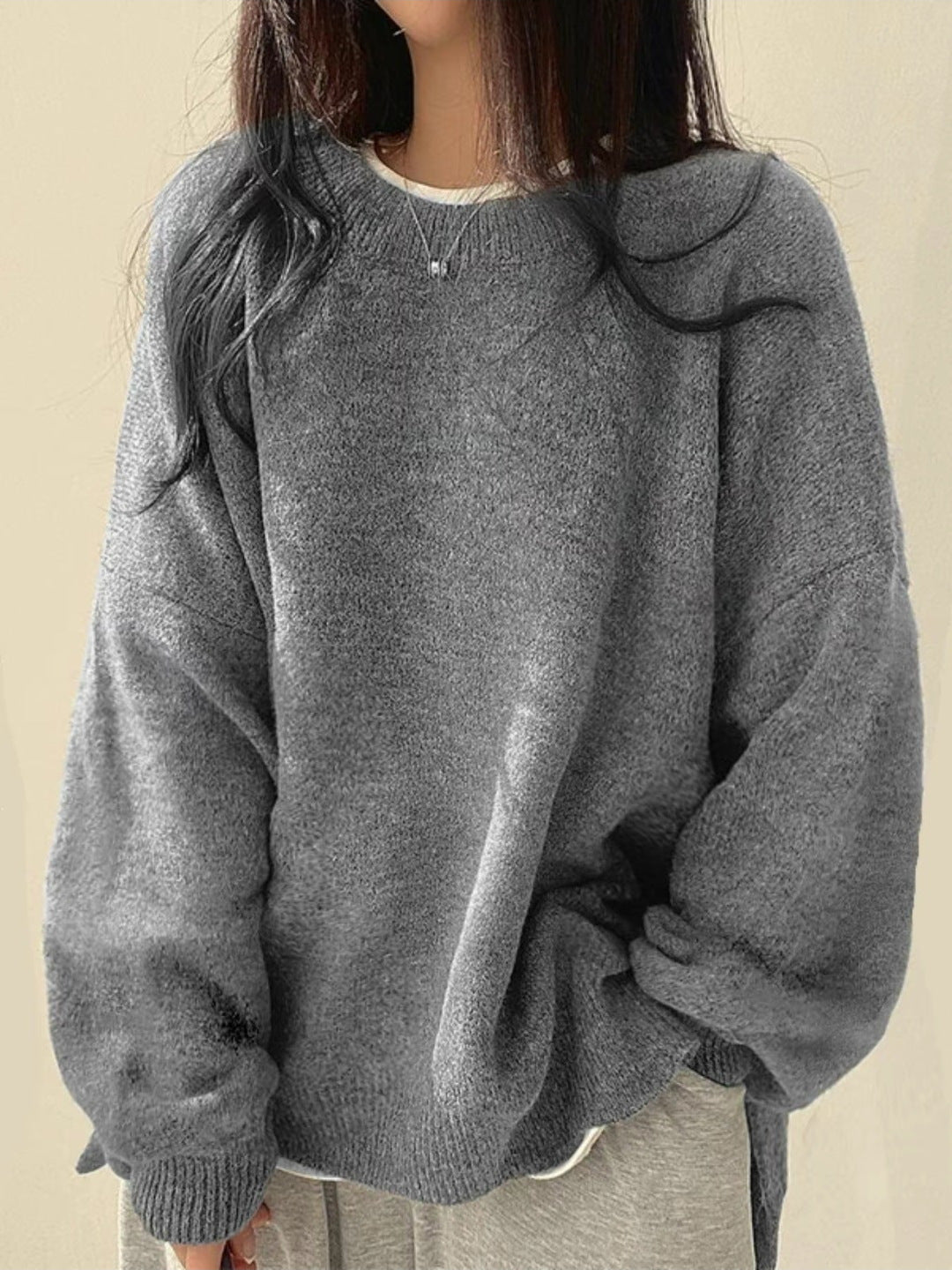KIARA™ - Women's Drop Shoulder Split Hem Round Neck Sweater