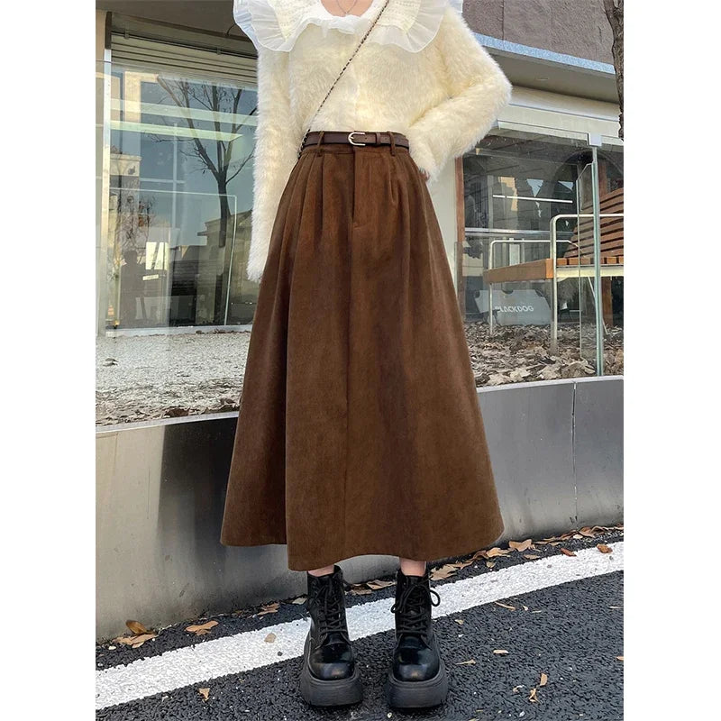 ESTELLE™ – Classic Belt Corduroy Midi Skirt