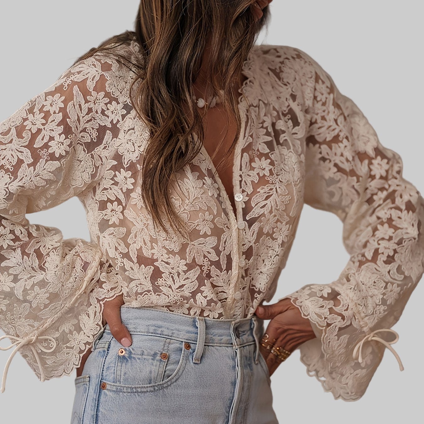Elegant Floral Embroidered V-Neck Blouse