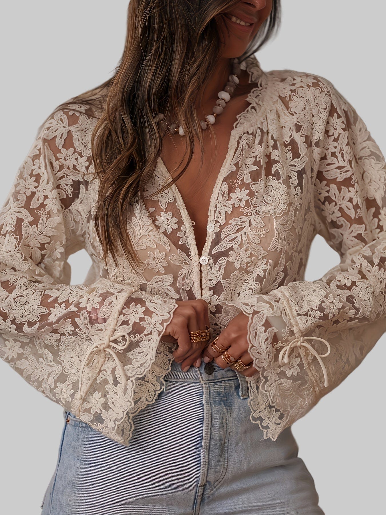 Elegant Floral Embroidered V-Neck Blouse